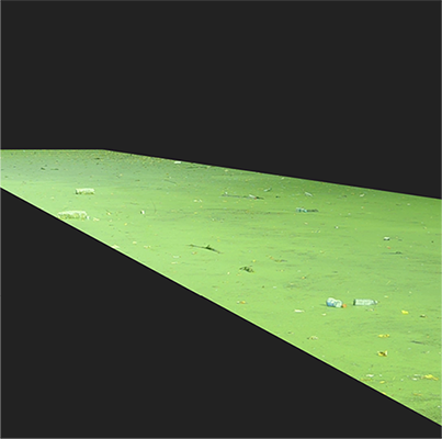 still from video artwork of green Algae
                bloom in the canals in Rotterdam
